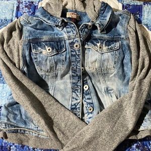 jean jacket with sweatshirt sleeves and hood